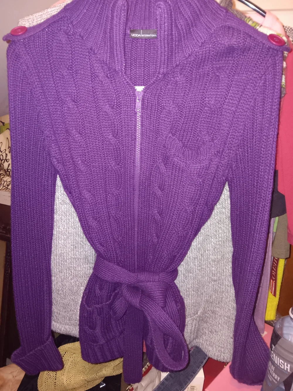 Moda International Purple Cable Knit Belted Cardigan